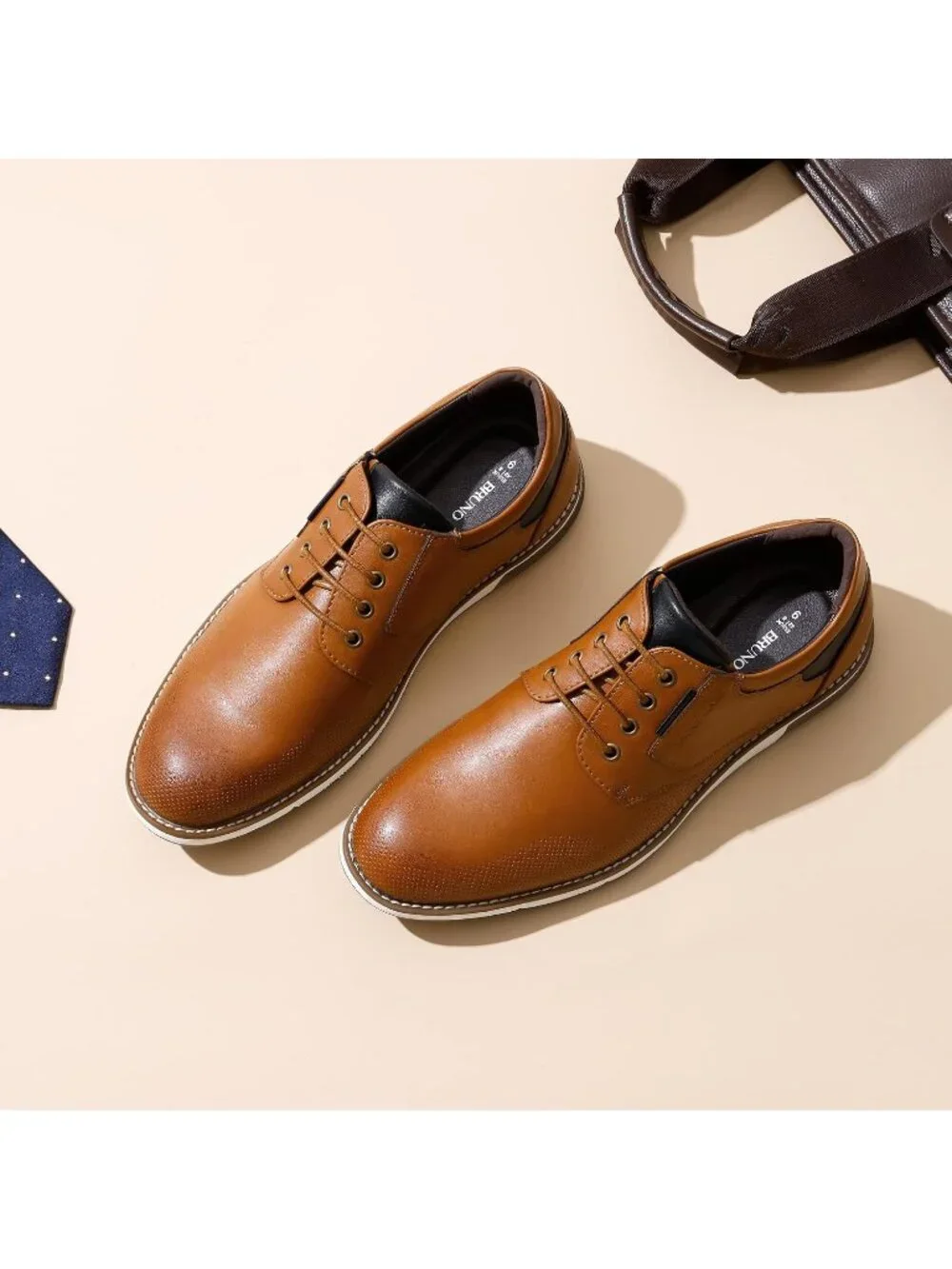 Men's Tan Leather Shock-absorbent Lace-Up Oxfords Derby Dress Sneakers Shoes